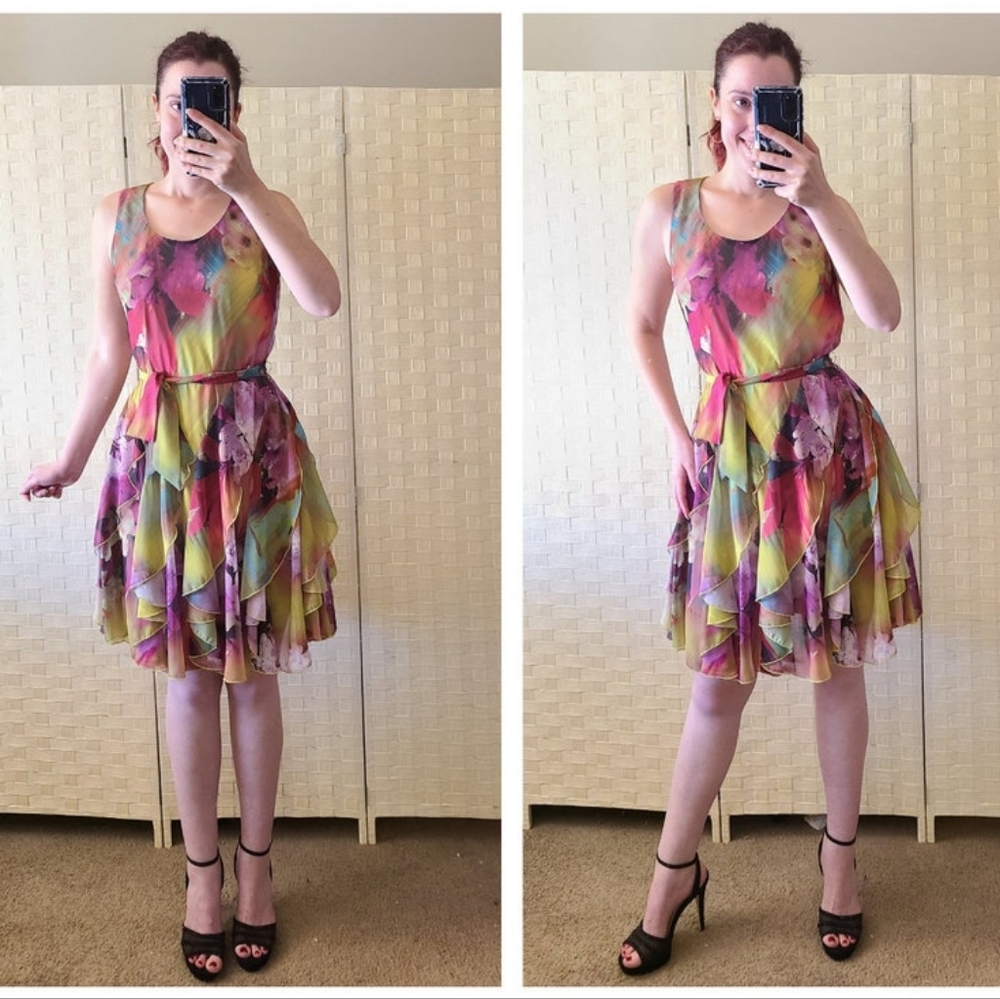 Vintage 90s Signature Robbie Bee Green Pink Fairy Dress Colorful Tie Dye Spirals